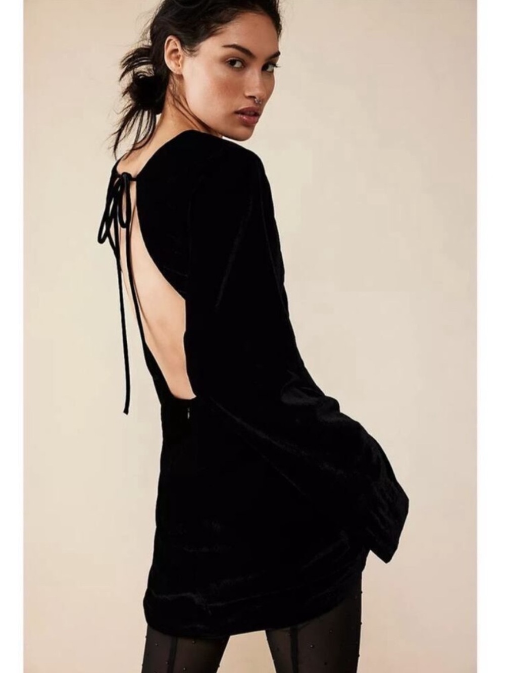 Free People Chelsey Velvet Mini Dress Low Open-Back Long Sleeve Pockets
